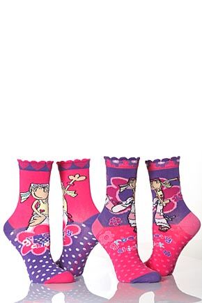 Girls 2 Pair Groovy Chick Indie Socks  - Groovy Vibes Dark Pink 6-8.5 Kids