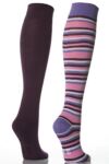 Ladies 2 Pair Elle Cotton Knee Highs - One Striped & One Plain In 2 Colours