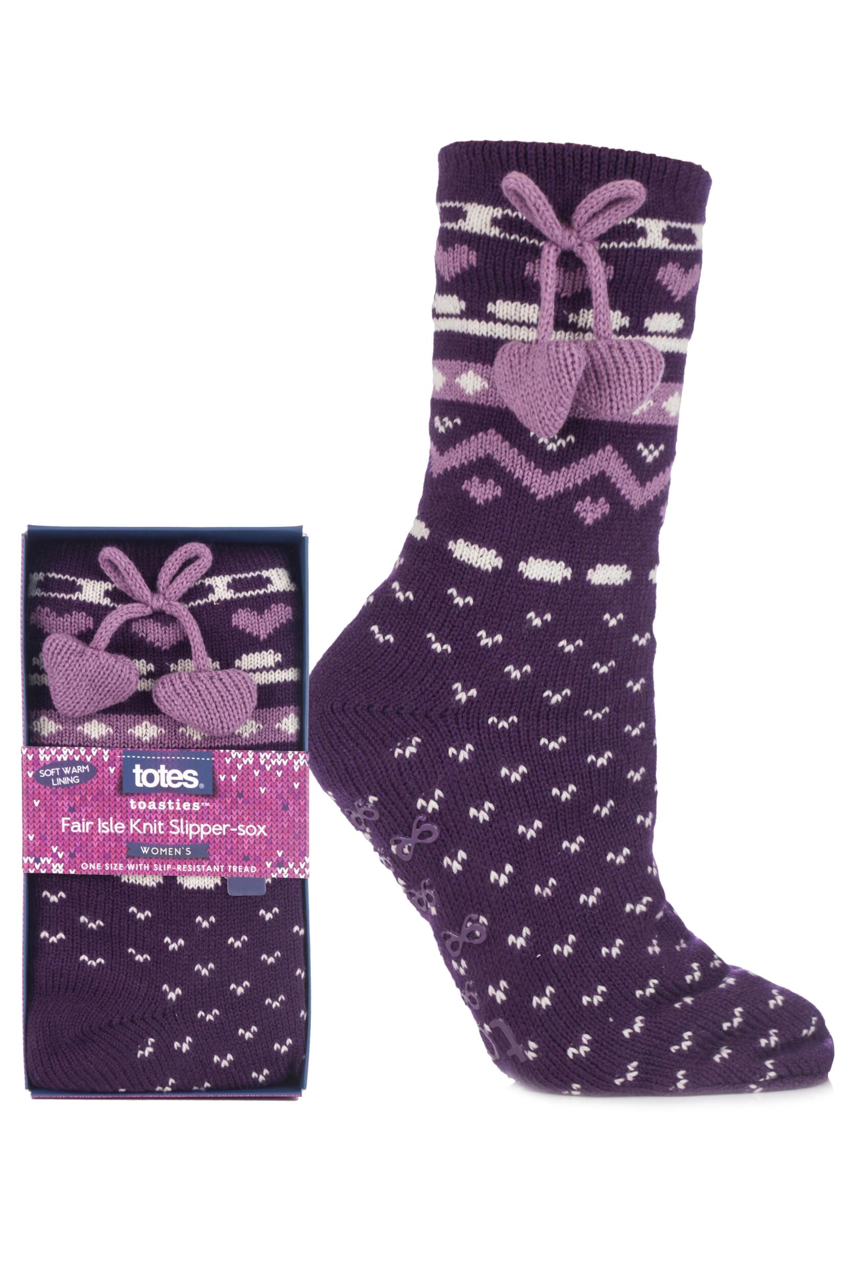 Ladies 1 Pair Totes Toasties Nordic Style Slipper Socks with Heart Pom