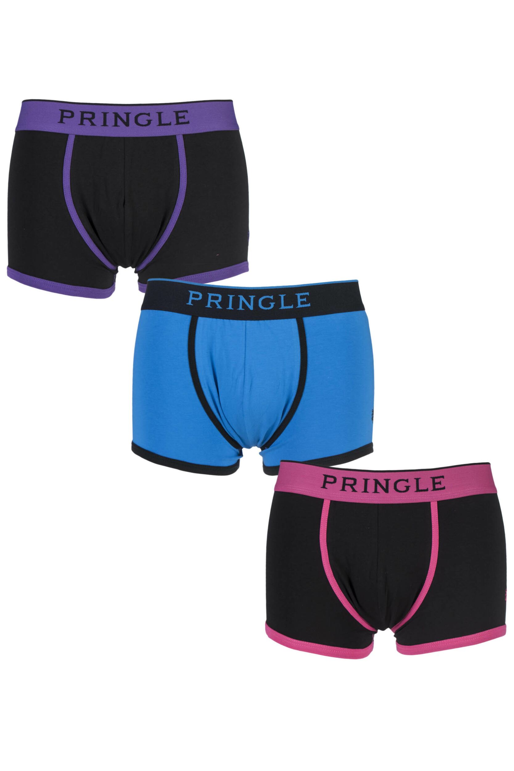 Mens 3 Pack Pringle Black Label Plain Cotton Trunks with Contrast Waistband In Black and Blue