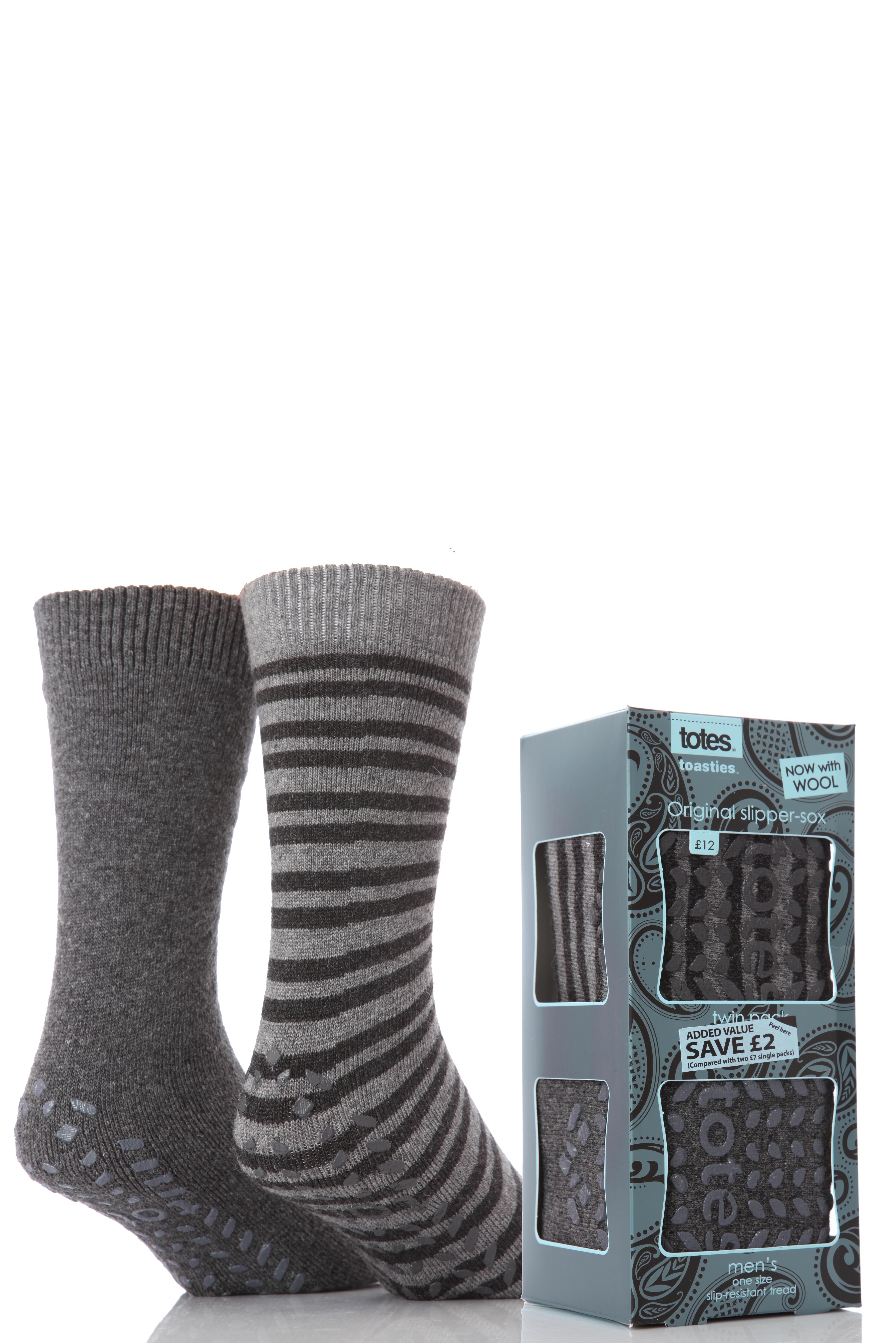 Mens 2 Pair Totes Wool Blend Original Twin Pack Stripe & Plain Slipper Socks In 2 Colours