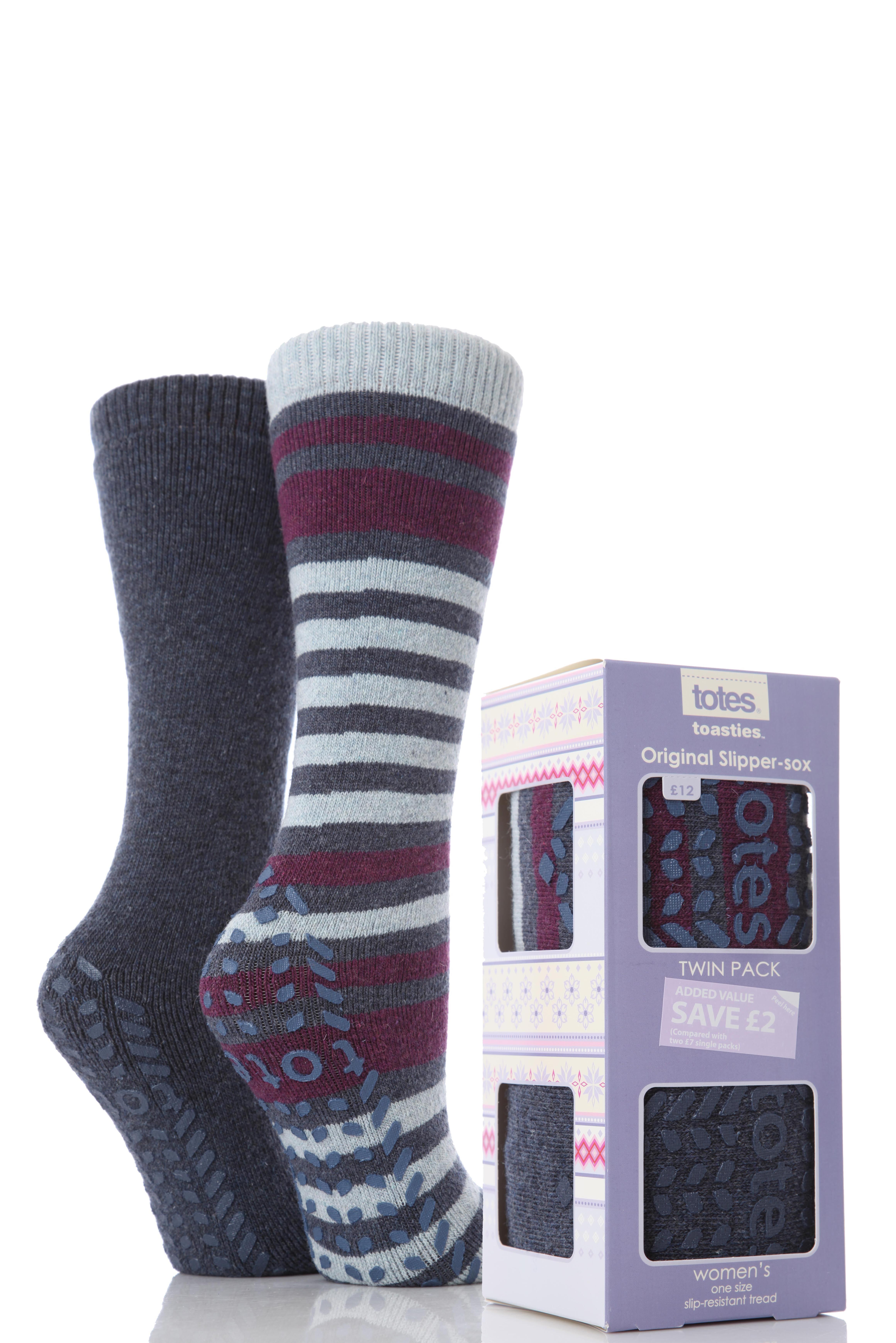 Ladies 2 Pair Totes Wool Blend Original Twin Pack Stripe & Plain Slipper Socks In 2 Colours