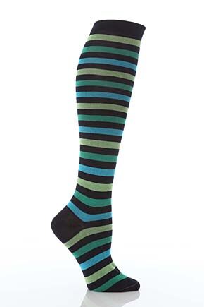 Ladies 1 Pair Pantherella Cotton Lisle Tricolour Striped Knee High Socks Navy