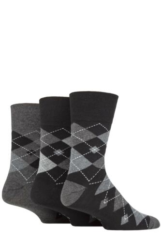 Mens 3 Pair Gentle Grip Argyle Cotton Socks