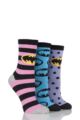 Ladies 3 Pair SOCKSHOP Batman / Batgirl Striped, Spotty and All Over Motif Cotton Socks - Assorted
