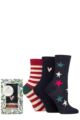 Ladies 3 Pair Caroline Gardner Christmas Foliage Gift Boxed Cotton Socks - Stars / Plain / Stripe