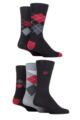 Mens 5 Pair Farah Patterned Striped and Argyle Cotton Socks - Argyle Black / Berry