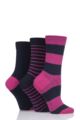 Ladies 3 Pair SOCKSHOP Gentle Bamboo Socks with Smooth Toe Seams in Plains and Stripes - Navy / Orchid