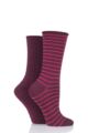 Ladies 2 Pair Elle Bamboo Feather Striped Socks - Dark Ruby Stripe