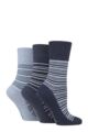 Ladies 3 Pair Gentle Grip Cotton Patterned and Striped Socks - Varied Stripe Navy / Denim