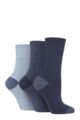 Ladies 3 Pair Gentle Grip Cotton Patterned and Striped Socks - Contrast Heel and Toe Navy / Denim