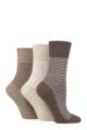 Ladies 3 Pair Gentle Grip Cotton Patterned and Striped Socks - Fine Stripe Brown / Neutral