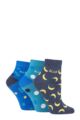 Ladies 3 Pair Elle Plain, Striped and Patterned Cotton Anklets with Smooth Toes - Fruit Blue