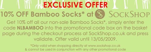 Bamboo Offer - EXCLUSIVE NEWSLETTER OFFER - Get 10% Off All Non-Sale Bamboo Socks at SockShop.co.uk valid until 13/05/2009