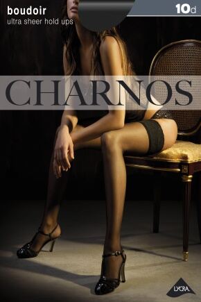 Ladies 1 Pair Charnos 10 Denier Boudoir Lace Top Hold Ups Natural L