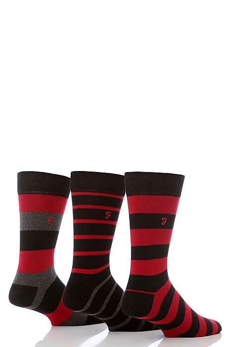 Mens 3 Pair Farah Mixed Striped Jacquard Socks In 5 Colours Black - Red