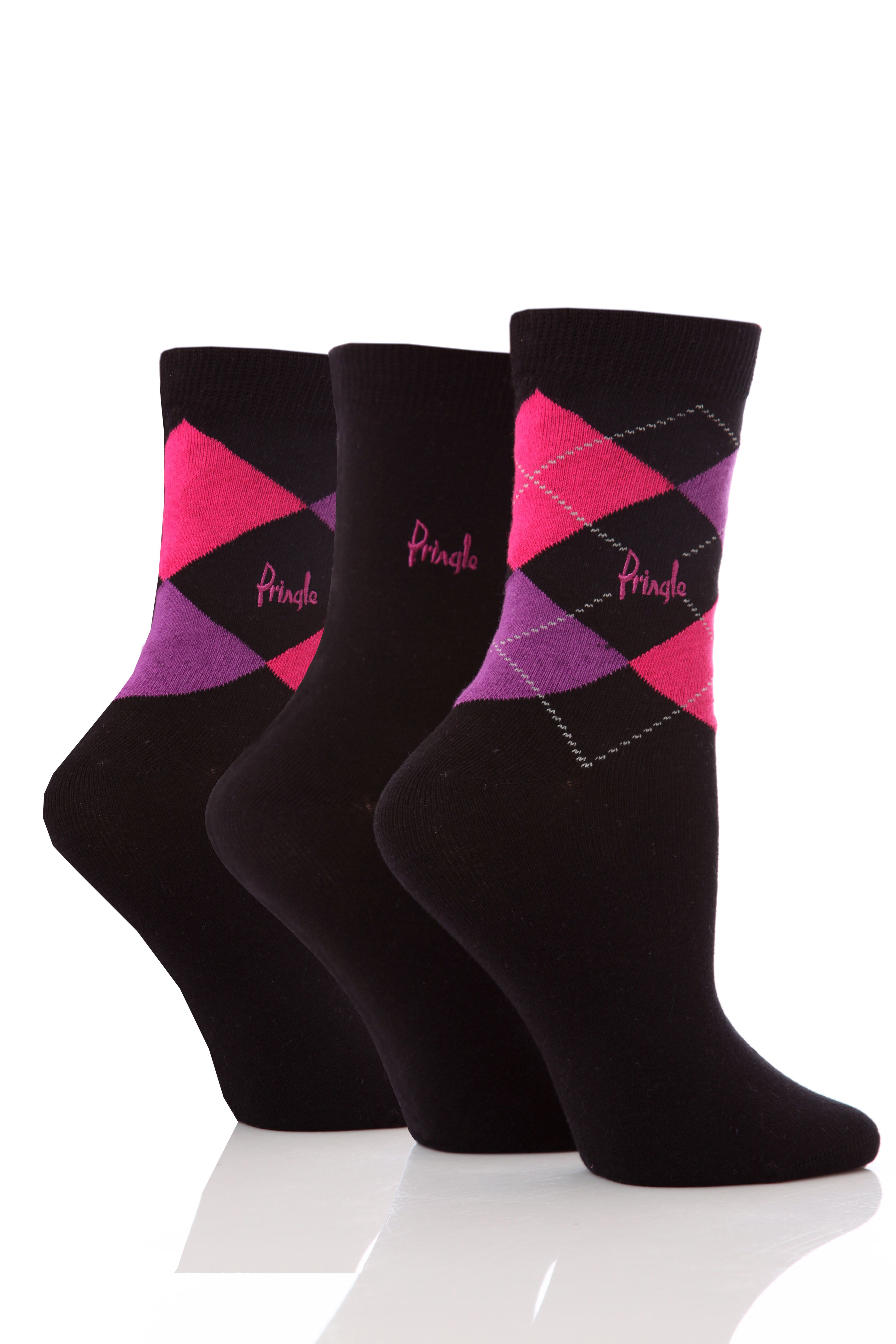 Ladies 3 Pair Pringle Louise Argyle Socks In 9 Colours Charcoal
