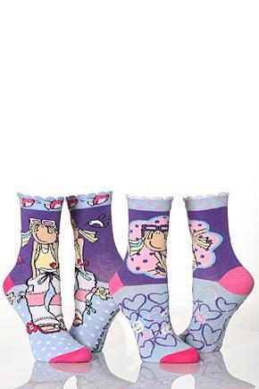 Girls 2 Pair Groovy Chick Indie Socks - Love Hearts Purple 9-12 Kids
