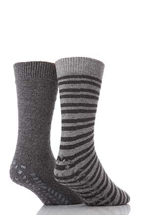 Mens 2 Pair Totes Wool Blend Original Twin Pack Stripe & Plain Slipper Socks In 2 Colours Grey -