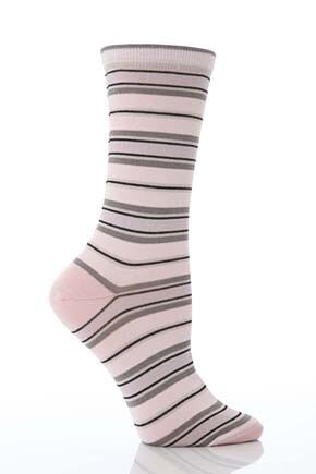 Ladies 1 Pair Levante Vari-Striped Crew Socks In 4 Colours Pastel Pink