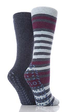 Ladies 2 Pair Totes Wool Blend Original Twin Pack Stripe & Plain Slipper Socks In 4 Colours Pink