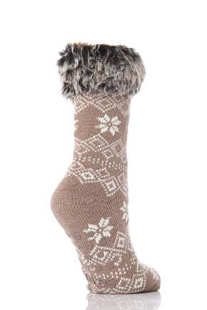 Ladies 1 Pair Totes Nordic Fairisle Slipper Socks With Fur Cuff In 3 Colours Stone - Cream