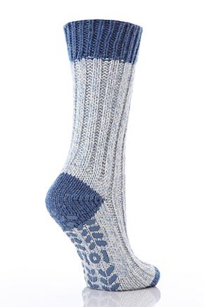 Ladies 1 Pair Totes Natural Wool Blend Marl Slipper Sock with Solid Plain Cuff In 3 Colours Denim Bl