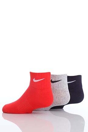 Youths 3 Pair Nike Performance Cotton Non Cushioned Quarter Socks In 4 Colours Chilli Red - Grey Hea