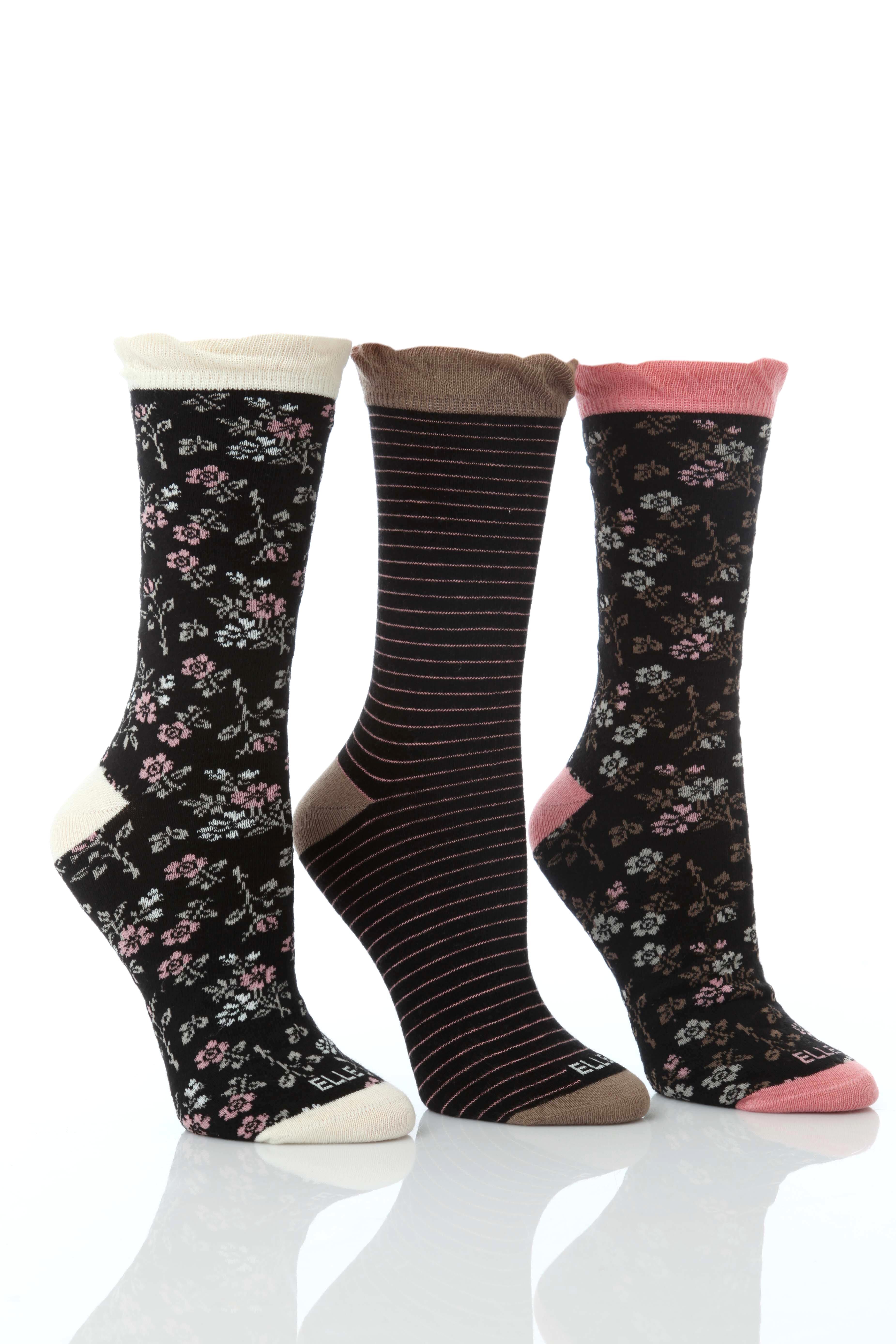 Ladies 3 Pair Elle Patterned Cotton Socks With Filly Welt In 4 Colours Vintage Lilac