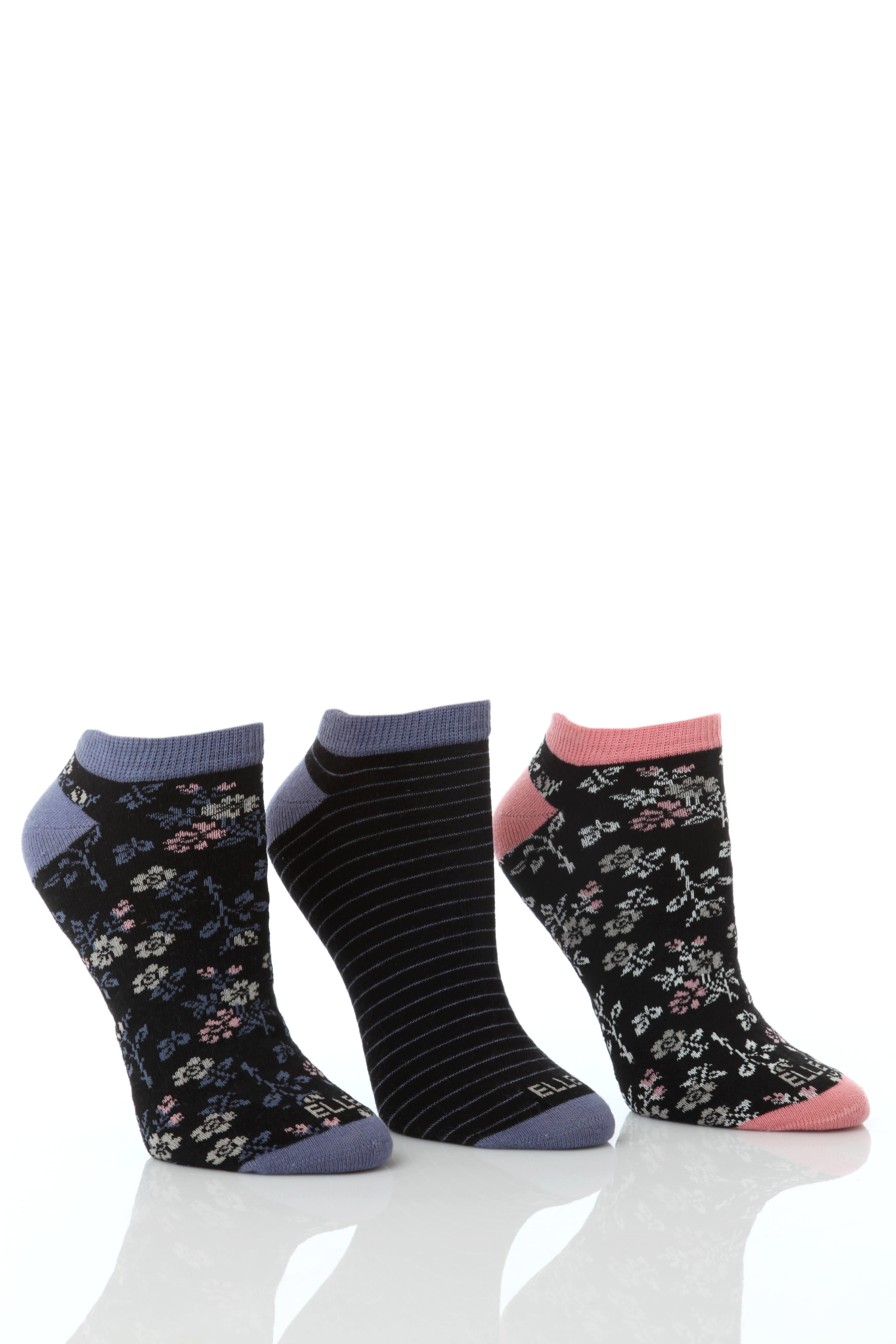 Ladies 3 Pair Elle Patterned Cotton Trainer Liners In 4 Colours Black - Vintage Pink