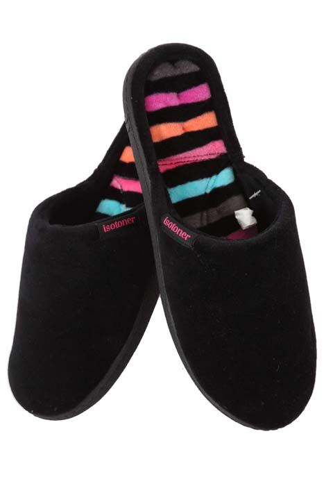 Ladies 1 Pair Isotoner Black Mule Slippers with Secret Striped Lining Black Medium (5)