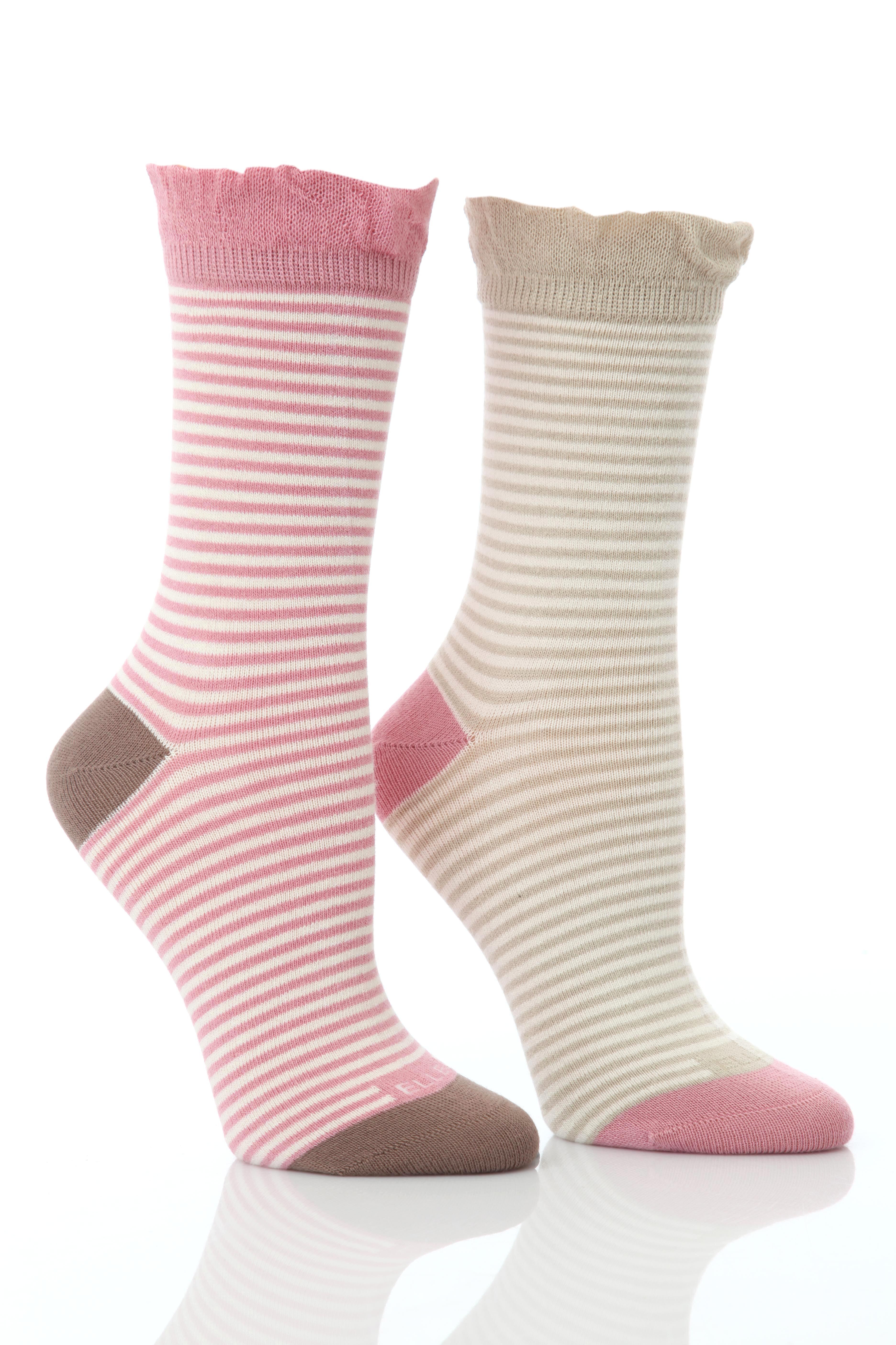 Ladies 2 Pair Elle Striped Bamboo Socks With Frilly Gentle Grip Welt In 2 Colours Vintage Lilac