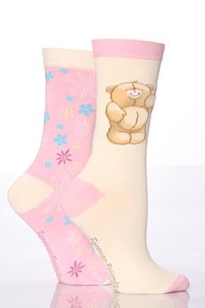 Girls 2 Pair Forever Friends Bear & Flower Socks 4-5.5