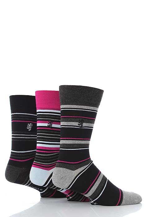 Mens 3 Pair Pringle of Scotland Striped Bamboo Socks In 4 Designs Black