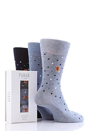 Mens 3 Pair Farah Square Dot Patterned Sock Gift Box 25% OFF Navy & Denim
