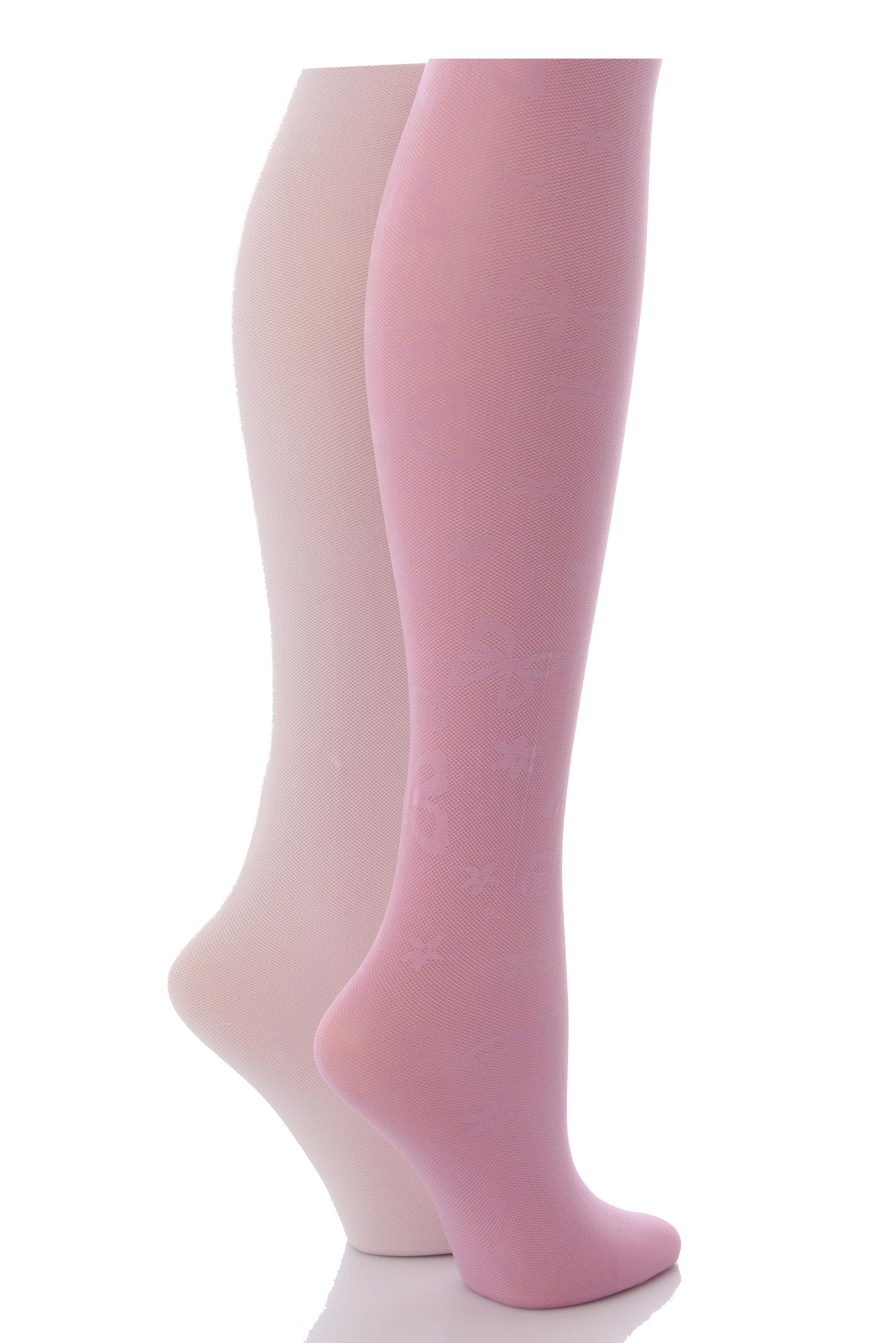 Girls 2 Pair Little Ladies Fashion Tights In Hand Bag Gift Box In 2 Colours White - Pink 8-10