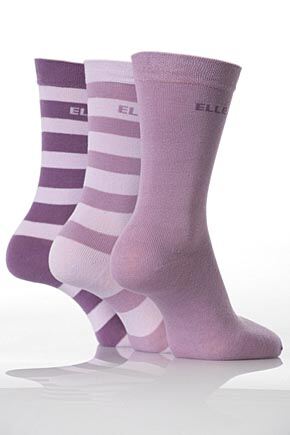 Ladies 3 Pair Elle Cotton Socks 2 Striped And 1 Plain In 3 Colours Purples