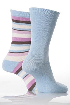 Ladies 2 Pair Elle Plain and Striped Bamboo Socks In 2 Colours Bright Blue