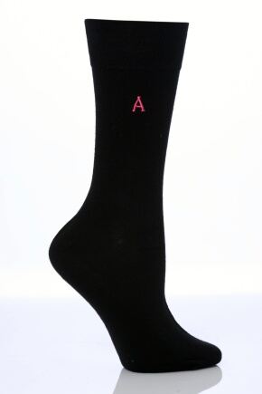 Ladies 1 Pair SockShop Individual Black Embroidered Initial Socks T