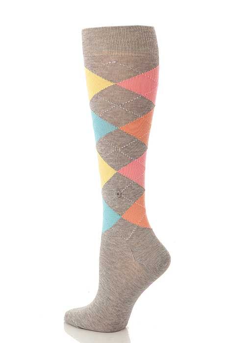 Ladies 1 Pair Burlington The Original Cotton Multi-Coloured Knee High Argyle Socks In 2 Colours Grey