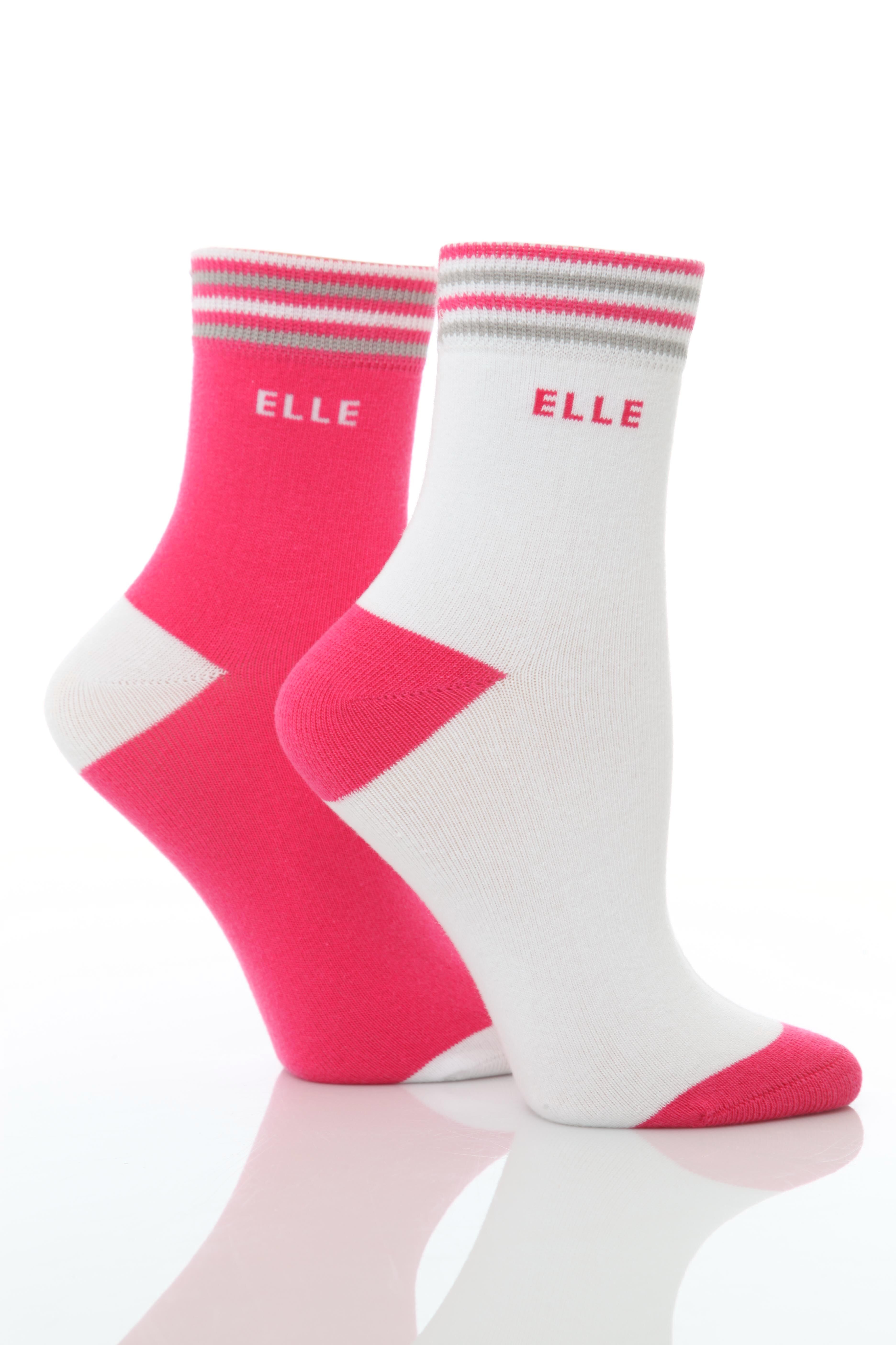Ladies 2 Pair Elle Non-Cushioned Ankle Sports Socks In 7 Colours White/Pink & Blue