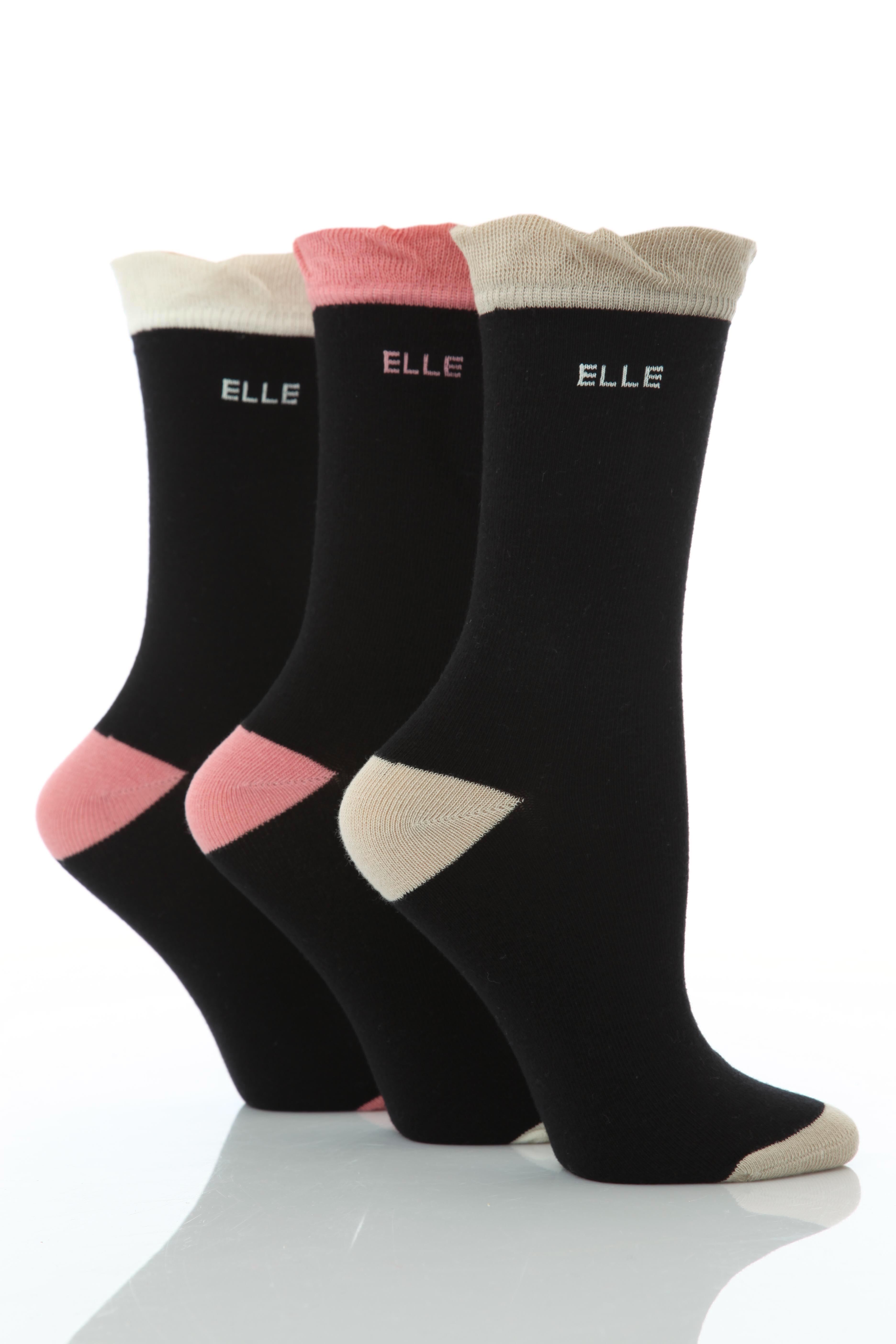 Ladies 3 Pair Elle Plain Cotton Socks With Contrast Heel, Toe & Frilly Welt In 4 Colours Vintage