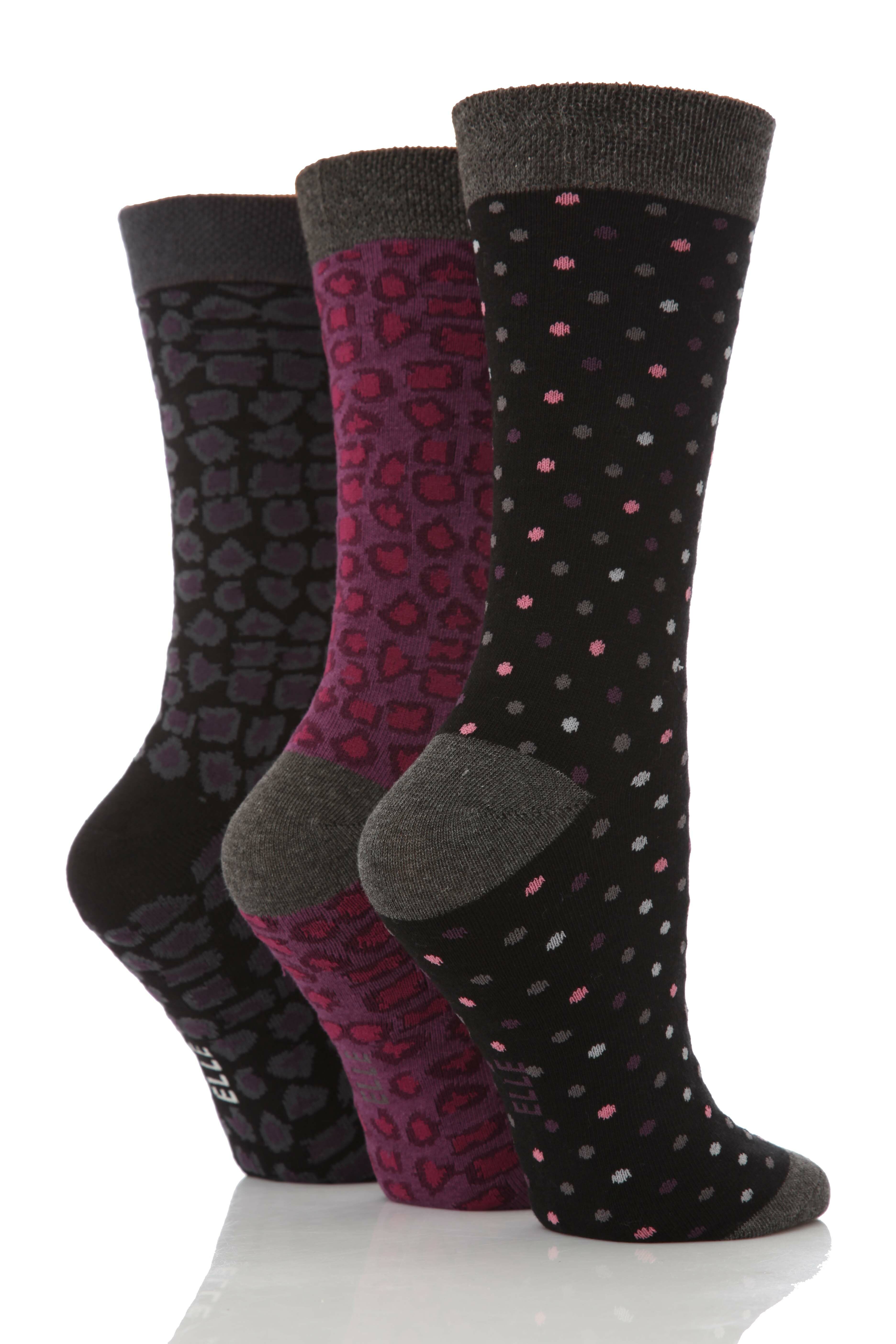 Ladies 3 Pair Elle Patterned Cotton Socks Purple
