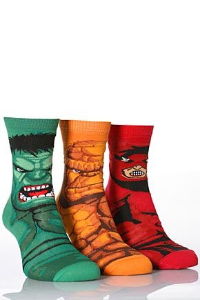Boys 3 Pair Marvel Heroes Socks - Hulk, Juggernaut & Thing Multi 9-12 Kids