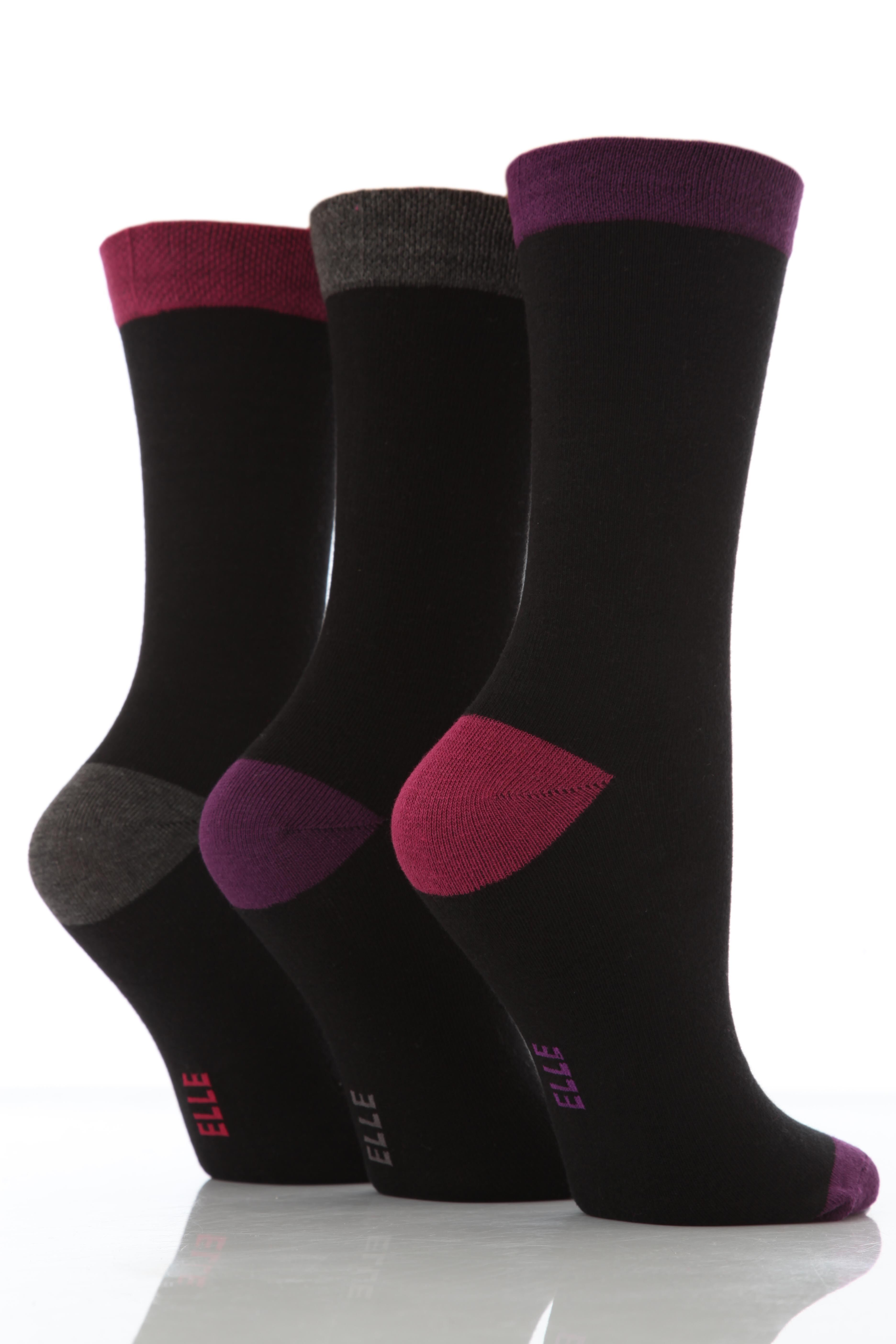 Ladies 3 Pair Elle Plain Socks With Contrast Heel And Toe Black