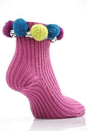 Ladies 1 Pair SockShop Chunky Knit Sock With Pom Poms and Bells