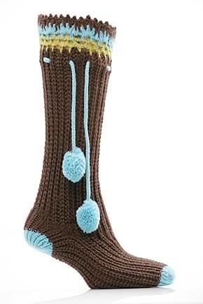 Ladies 1 Pair SockShop Chunky Knit Knee High Sock With Pom Poms
