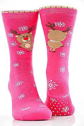 Girls 1 Pair SockShop Rudolph Slipper Sock With Grip Pink