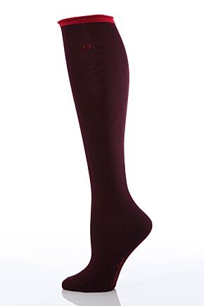Ladies 1 Pair Calvin Klein Tipped Logo Roll Top Knee High Socks In 5 Colours Blackberry