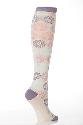 Ladies 1 Pair Elle Patterned Knee High Sock With Curly Top In 4 Colours Sea Blue Ovals